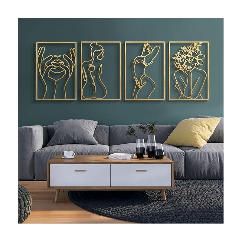 Glamativity 4 Pack Gold Wall Art Decor, Minimalist Decor Single Line Art Wall Decor