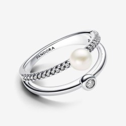 Treated Freshwater Cultured Pearl & Pavé Double Band Ring