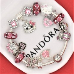 PANDORA BRACELET WITH PINK & PURPLE CZ LOVE MY KITTY THEMED CHARMS NEW