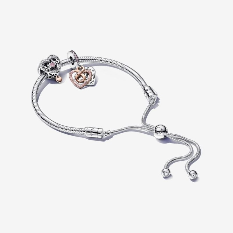 Two-tone Infinity Heart and Mom Charm Bracelet Set