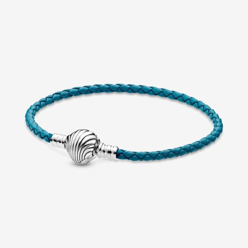 Pandora Moments Seashell Clasp Turquoise Braided Leather Bracelet