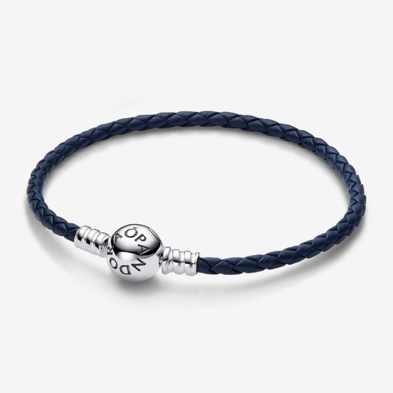 Pandora Moments Round Clasp Blue Braided Leather Bracelet