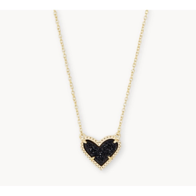 Ari Heart Gold Pendant Necklace in Black Drusy