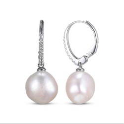 Cultured Pearl & White Lab-Created  Drop Earrings Sterling Silver