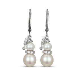 Cultured Pearl & White Lab-Created  Snowman Dangle Earrings Silver