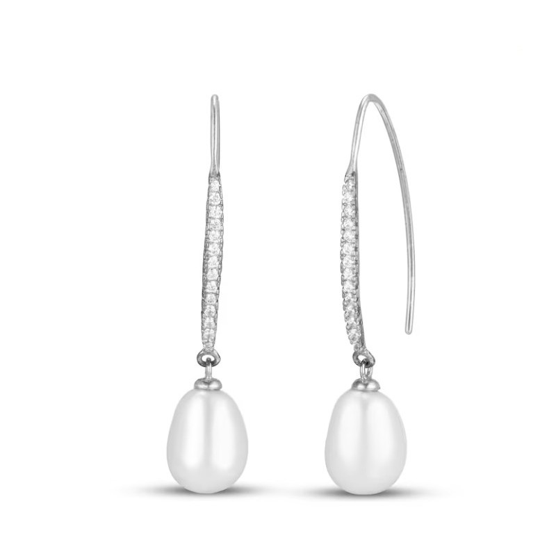 Cultured Pearl & White Lab-Created  Earrings Oval Sterling Silver