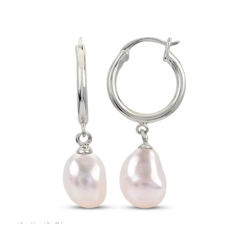 Baroque Cultured Pearl Dangle Hoop Earrings Sterling Silver