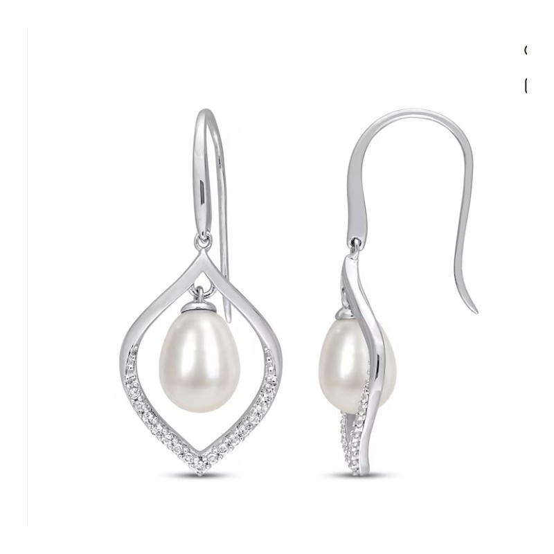 Cultured Pearl & White Lab-Created Drop Earrings Sterling Silver