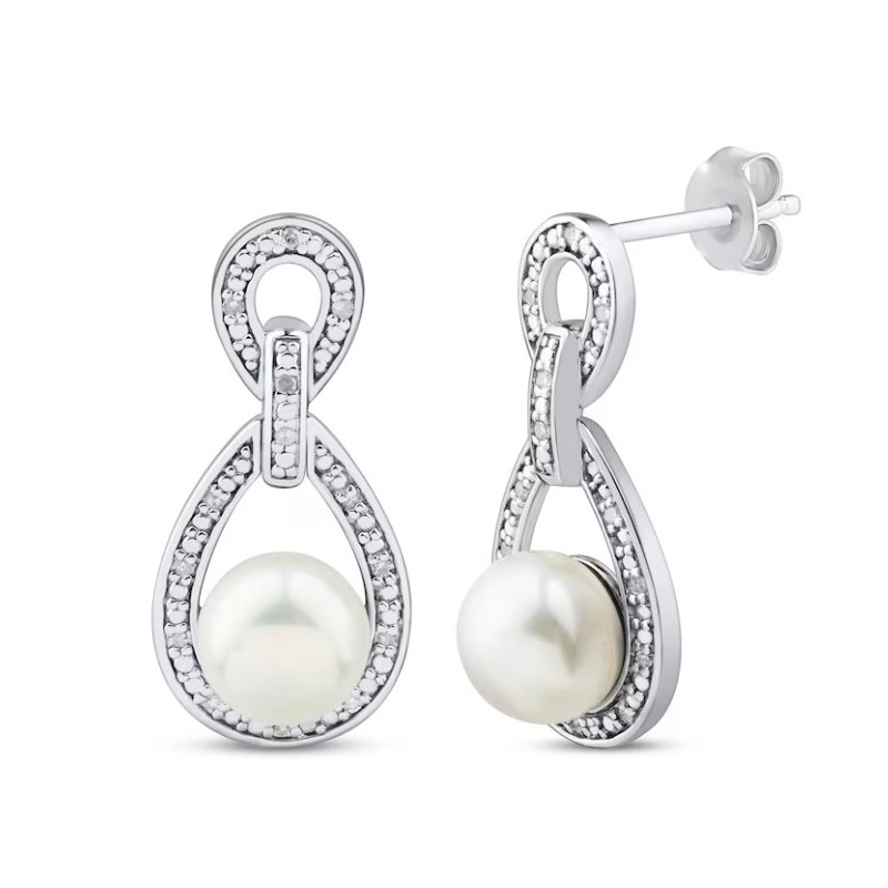 Cultured Pearl & White Sapphire Doorknocker Earrings Sterling Silver