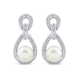 Cultured Pearl & White Sapphire Doorknocker Earrings Sterling Silver