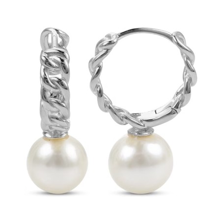 Cultured Pearl Chain Link Hoop Drop Earrings Sterling Silver