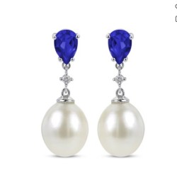 Cultured Pearl, Multi-Shape Blue & White Sapphire Drop Earrings