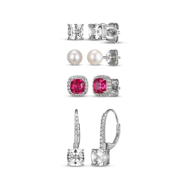 Lab-Created Ruby & Cultured Pearl Earrings Set Sterling Silver