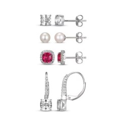 Lab-Created Ruby & Cultured Pearl Earrings Set Sterling Silver