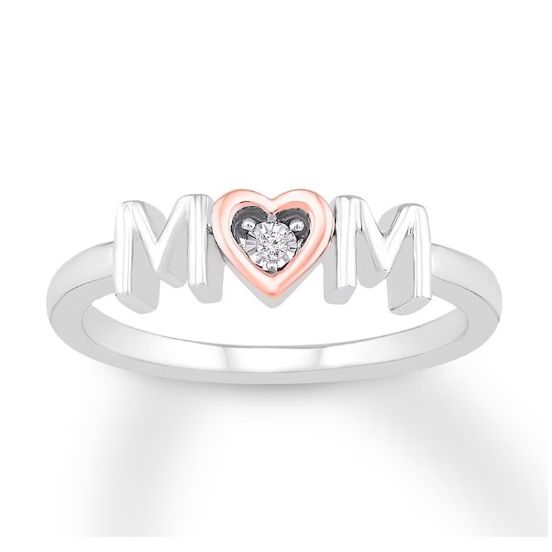 "Mom" Ring with Diamond Accent Sterling Silver & 10K Rose Gold