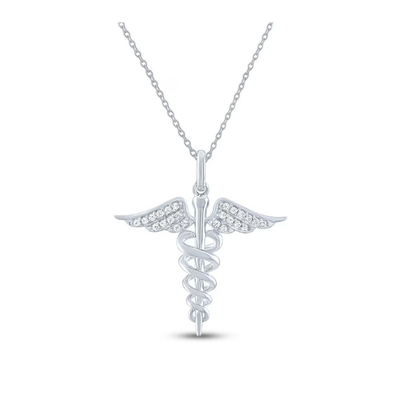 Diamond Caduceus Necklace Sterling Silver