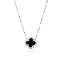 Silver Cubic Zirconia Onyx Clover Necklace