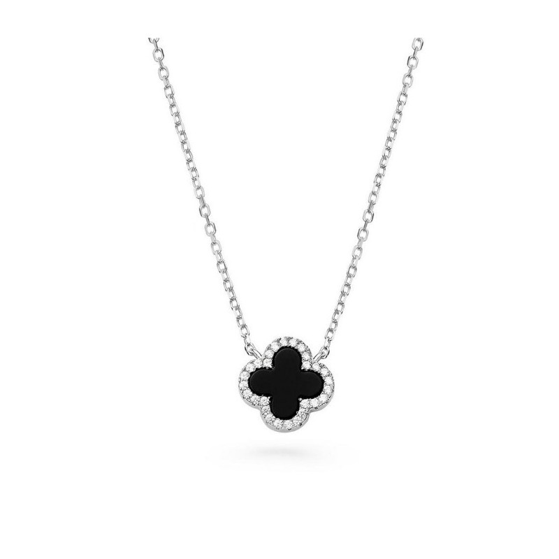 Silver Cubic Zirconia Onyx Clover Necklace