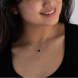 Silver Cubic Zirconia Onyx Clover Necklace