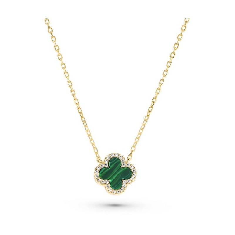 Yellow Gold Plated Malachite Clover Necklace