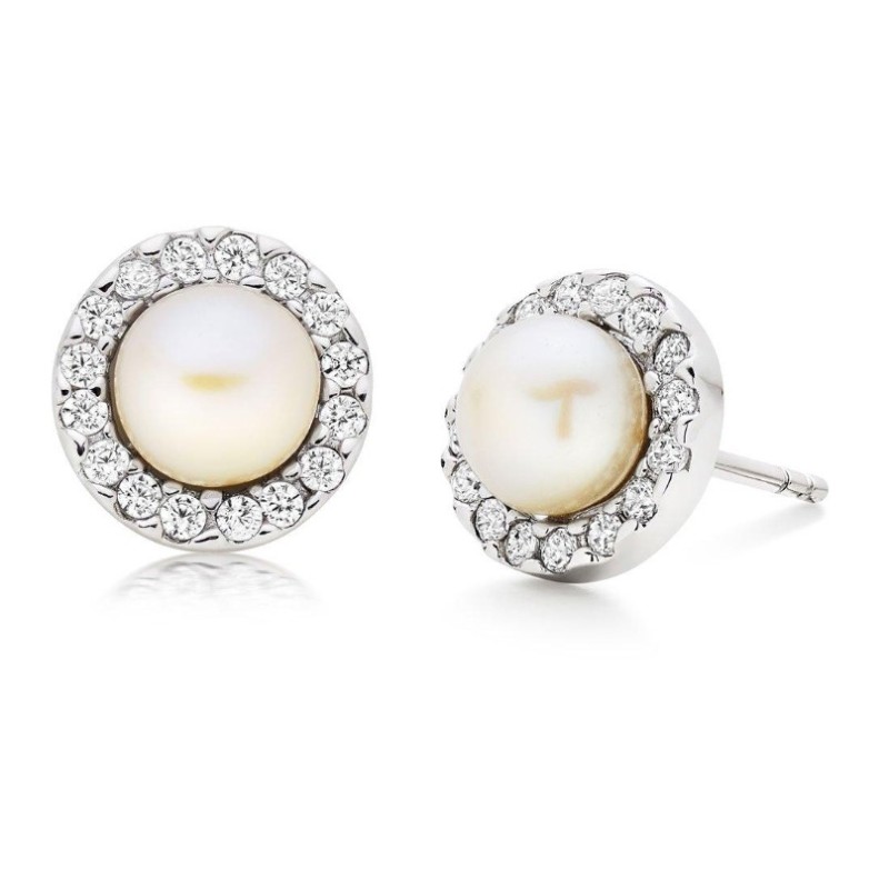 Silver Cubic Zirconia Freshwater Cultured Pearl Earrings