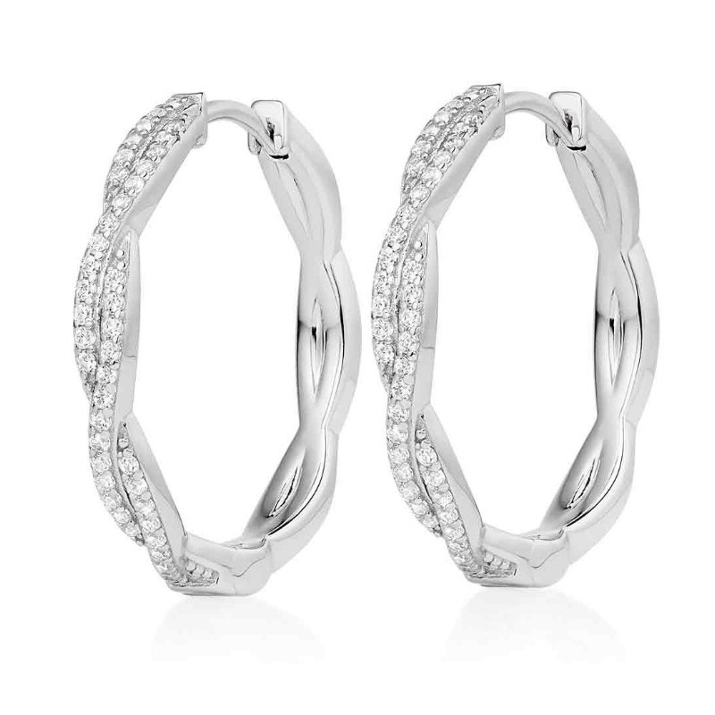 Silver Cubic Zirconia Twist Hoop Earrings