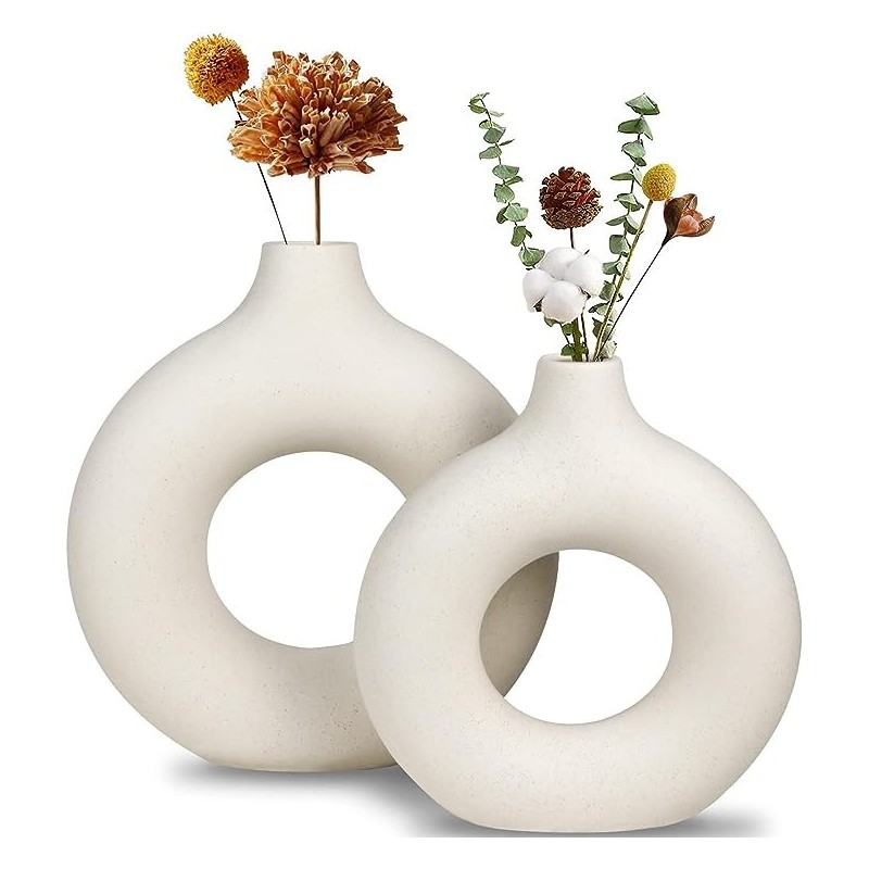 White Ceramic Vase, Modern Vase for Minimalist Decor, Hollow Round Matte Pampas Flower Vases (2pcs)