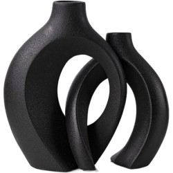 Levvohd Black Hollow Ceramic Vase Set of 2, Snuggle Round Boho Donut Modern Vase  (W 6.3" X H 8")