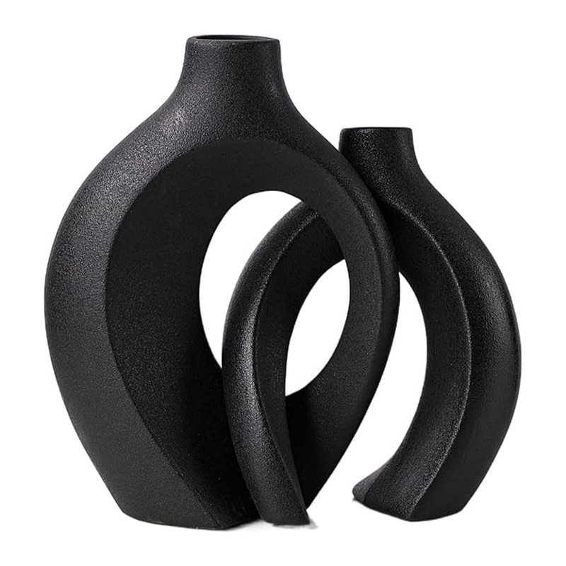 Levvohd Black Hollow Ceramic Vase Set of 2, Snuggle Round Boho Donut Modern Vase  (W 6.3" X H 8")