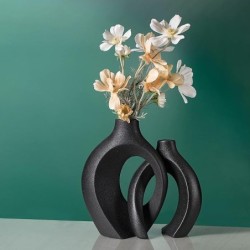 Levvohd Black Hollow Ceramic Vase Set of 2, Snuggle Round Boho Donut Modern Vase  (W 6.3" X H 8")